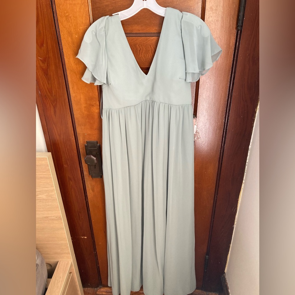 Birdie Grey Chiffon Sage bridesmaid dress, medium size.